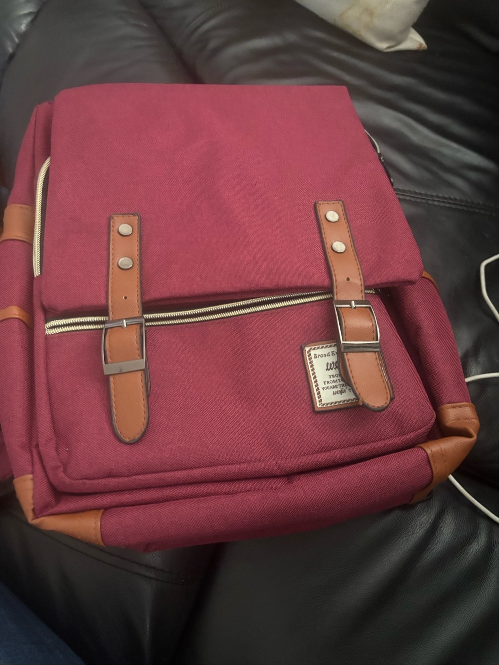 Men's Burgundy Canvas Backpack with Brown Trim